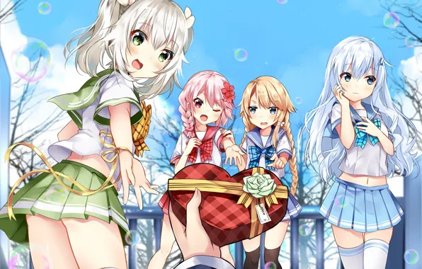 Sexy, school uniform, thighhighs, pink hair, green eyes, long hair, girls, anime