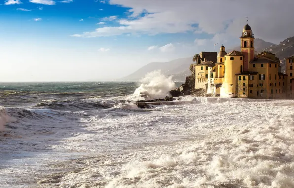 Картинка море, волны, пляж, берег, Италия, церковь, Italy, travel