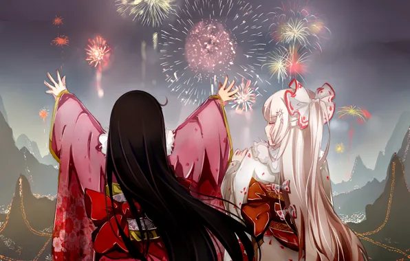 Девушки, салют, аниме, арт, фейерверк, Touhou, Тохо, Тоухоу