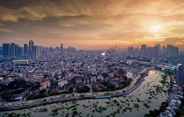 Закат, мост, город, река, Manila