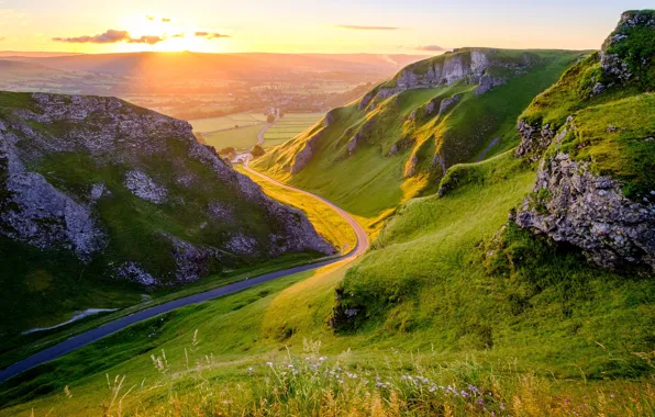 Дорога, лето, трава, горы, камни, скалы, рассвет, холмы