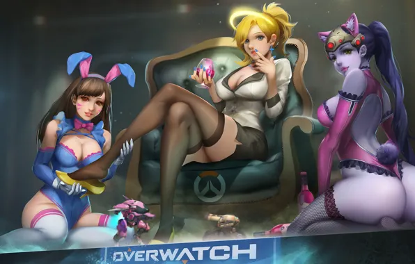 Картинка девушка, трио, Overwatch