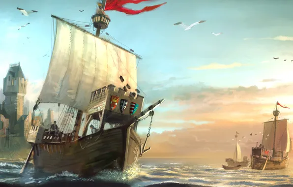 Картинка море, чайки, арт, порт, герб, Anno 1404, бриг, купцы