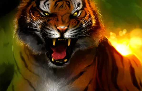 Картинка тигр, ярость, клыки, оскал, art, Bengal Tiger