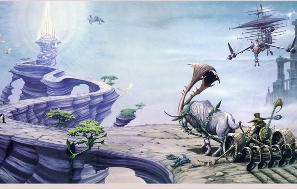 Картинка замок, фантастика, скалы, повозка, Rodney Matthews, летающий корабль