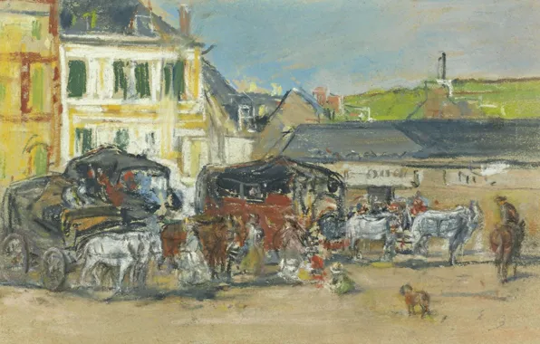 Картина, городской пейзаж, Эжен Буден, Eugene Boudin, Коляски