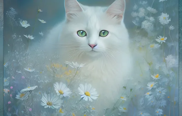 Кошка, белый, лето, кот, цветы, портрет, ромашки, арт