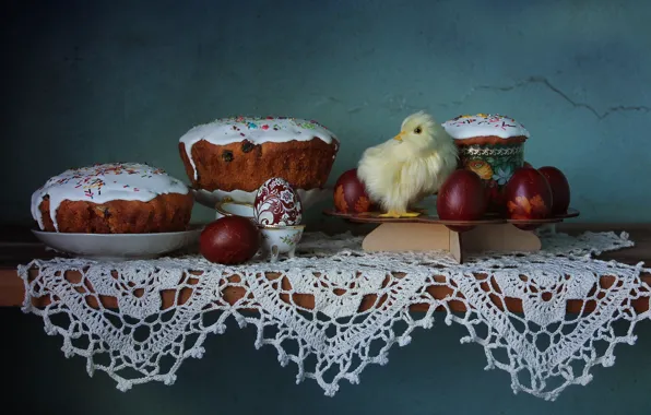 Картинка яйца, весна, пасха, натюрморт, цыпленок, куличи