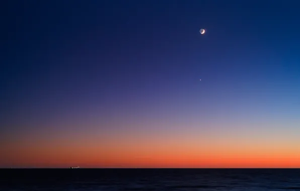 Картинка восход, океан, корабль, Луна, горизонт, Венера, сумерки, Регул
