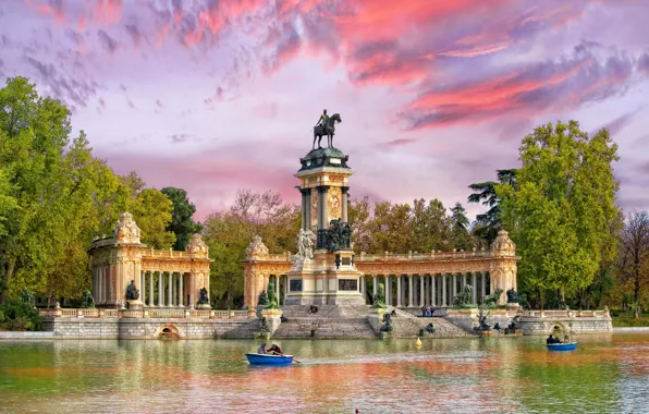 Вода, деревья, парк, лодка, памятник, Испания, Мадрид, Ретиро