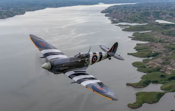 Озеро, панорама, полёт, Вторая мировая война, британский истребитель, North Dakota, Северная Дакота, Lake Sakakawea