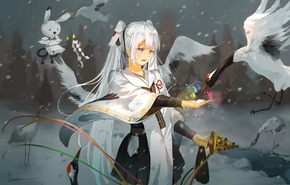 Девушка, ангел, аниме, арт, vocaloid, hatsune miku, журавли, yuki miku