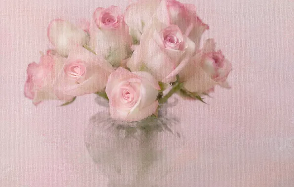 Картинка цветы, розы, букет, текстура, ваза, розовые