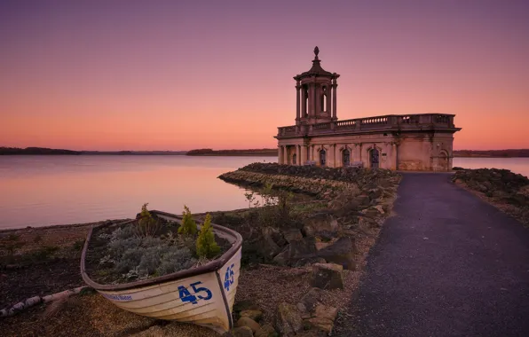 Закат, лодка, церковь, England, United Kingdom, Rutland County, Normanton church, Oakham