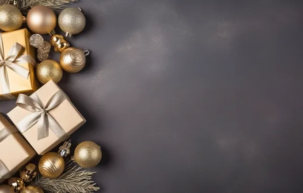 Картинка украшения, фон, шары, Новый Год, Рождество, подарки, golden, new year