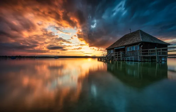 Картинка закат, озеро, дом