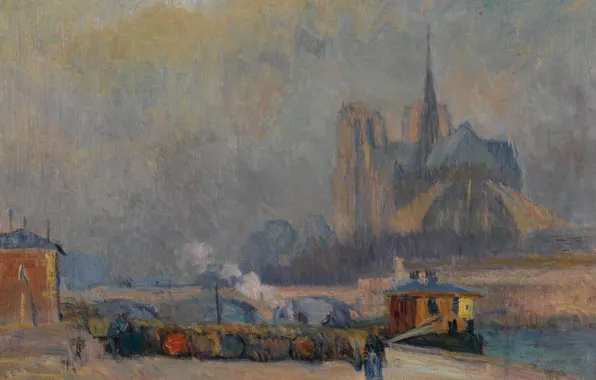 Картина, городской пейзаж, Альбер-Шарль Лебур, Собор Парижской Богоматери. Вид с Набережной Турне