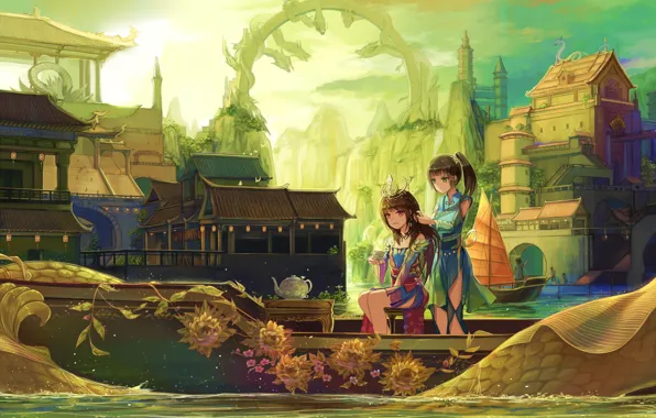 Картинка вода, девушка, город, лодка, чайник, чашка, anime, art
