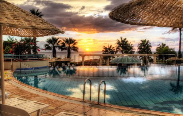 Море, небо, закат, пальмы, HDR, бассейн, sky, sea