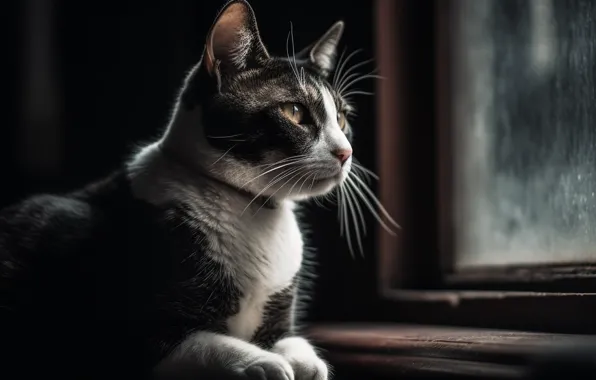 Кошка, кот, усы, взгляд, свет, дождь, портрет, окно