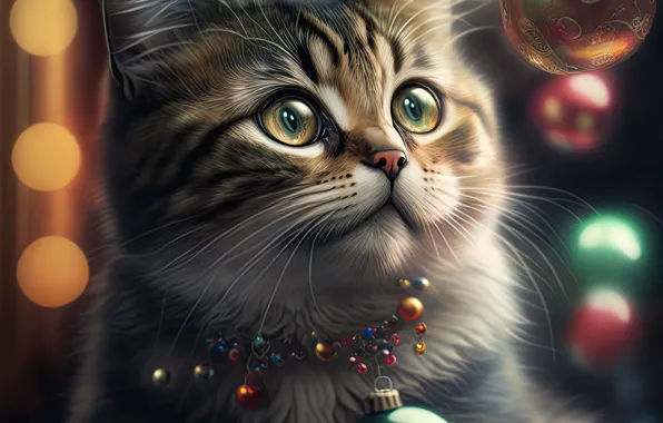 Кошка, кот, взгляд, шарики, котенок, портрет, Рождество, Новый год