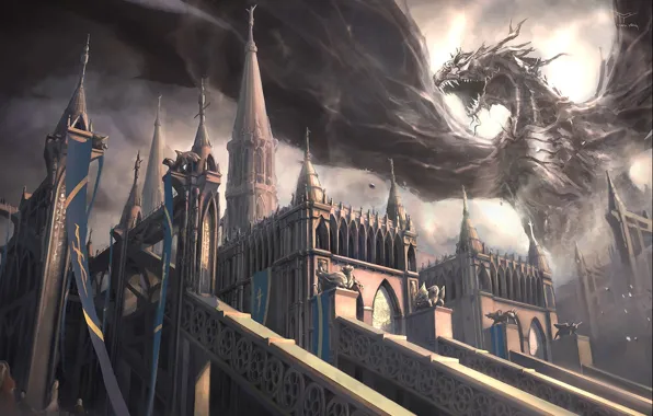 Картинка замок, дракон, крылья, монстр, арт, пасть, Mark Yang