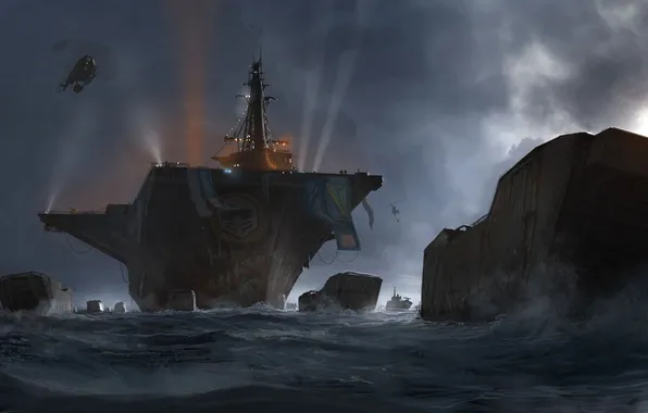 Картинка море, корабли, арт, вертолет, авианосец, MotorStorm: Apocalypse