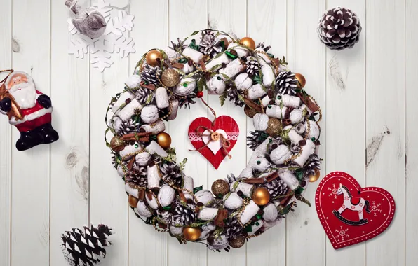 Украшения, фон, сердце, Новый год, new year, happy, Christmas, венок