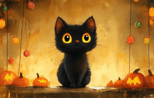 Картинка Взгляд, Кошка, Черная, Кот, Тыквы, Глаза, Halloween, Хэллоуин