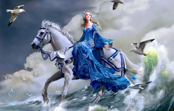 Картинка море, девушка, конь, лошадь, волна, чайки, арт, Nene Thomas