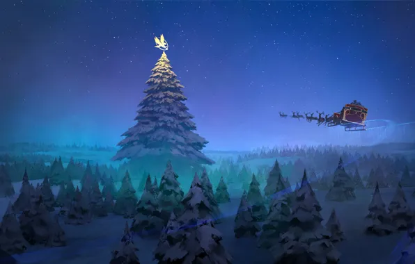 Картинка flying, christmas tree, reindeer, santa claus, sleigh