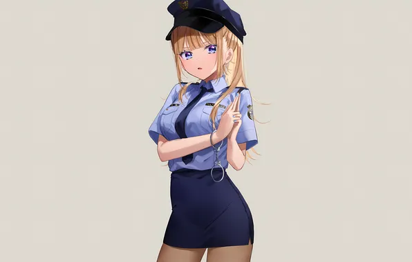 Girl, long hair, police, blush, anime, beautiful, purple eyes, pretty