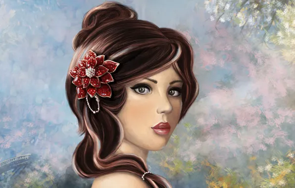 Картинка цветок, взгляд, девушка, украшения, лицо, макияж, арт, прическа