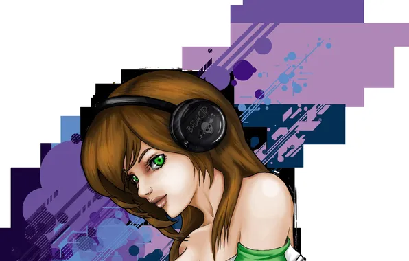 Картинка девушка, музыка, фон, волосы, наушники, арт, черепа, зеленые глаза