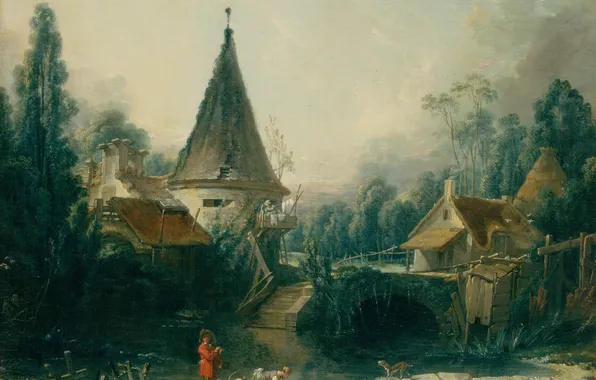 Картинка мост, пруд, дитя, стирка, Boucher, Francois, Landscape Near Beauvais