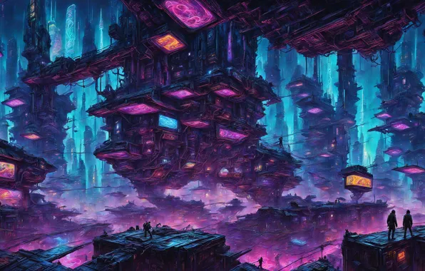 Картинка neon, cyberpunk, digital art, alien world, futuristic, Spaceport, AI art