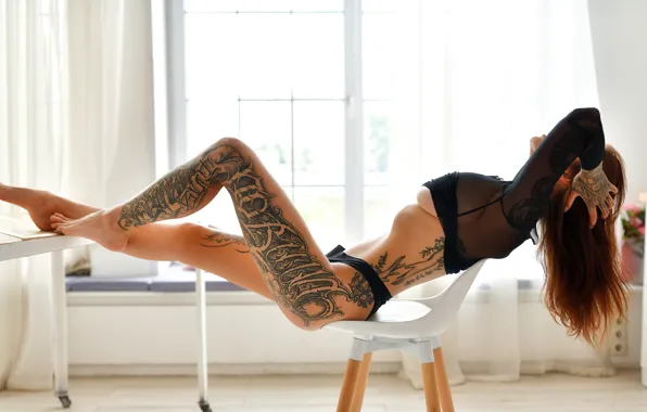 Lingerie, ass, panties, model, chair, tattoo, women, window