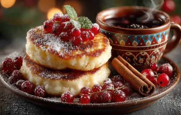 Ягоды, чай, тарелка, пар, чашка, напиток, корица, красная