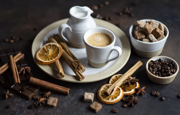 Стол, кофе, апельсины, чашка, корица, кофейные зерна