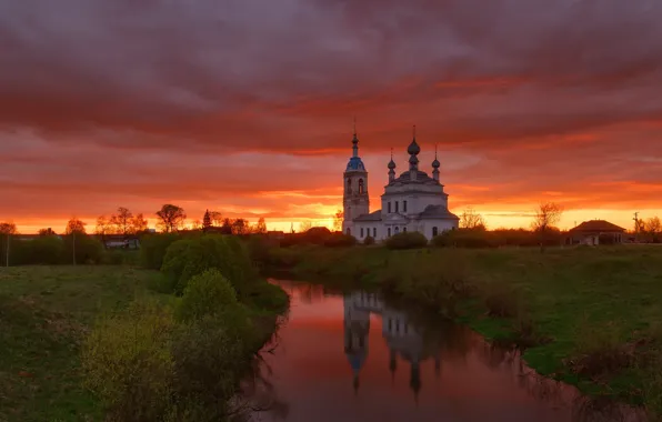 Картинка пейзаж, закат, природа, церковь, храм, речушка, Максим Евдокимов