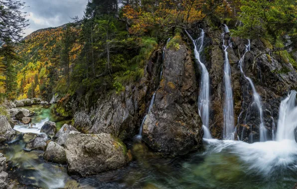 Осень, лес, скалы, берег, листва, водопад, поток, краски осени
