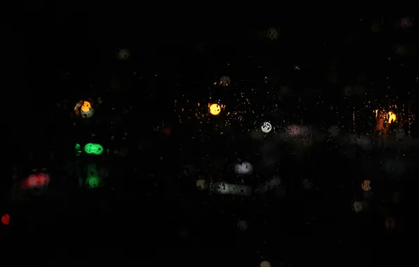 Стекло, ночь, огни, расфокус, огни большо