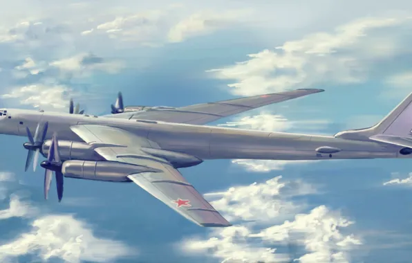 Картинка bomber, war, art, airplane, painting, aviation, Tupolev Tu-95 Bear