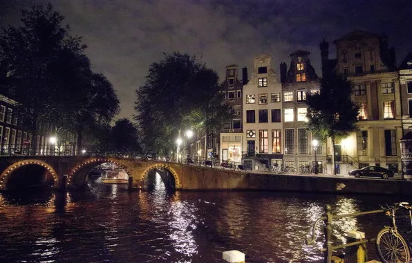 Lights, bridge, water, night, Amsterdam, Netherlands, canal