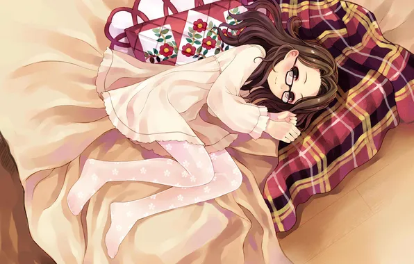 Картинка диван, платье, арт, очки, девочка, лежа, tsubasa tsubasa