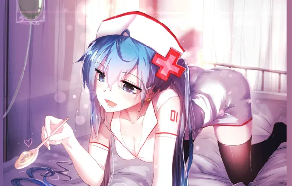 Картинка кровать, чулки, ложка, vocaloid, медсестра, Hatsune Miku, голубые волосы, головной убор