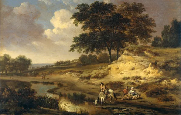 Картинка дерево, масло, картина, Ян Вейнантс, Пейзаж с Всадником и Конём Пьющим Воду