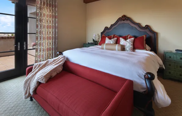 Кровать, подушки, балкон, особняк, Design, комод, Interior, Bedroom