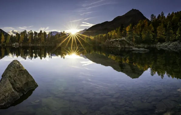 Картинка осень, закат, горы, озеро, отражение, камни, дно, Switzerland