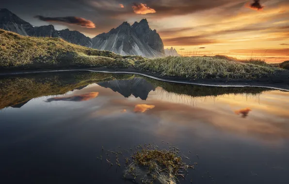 Закат, горы, природа, озеро, отражение, вечер, Vestrahorn, фотограф Etienne Ruff